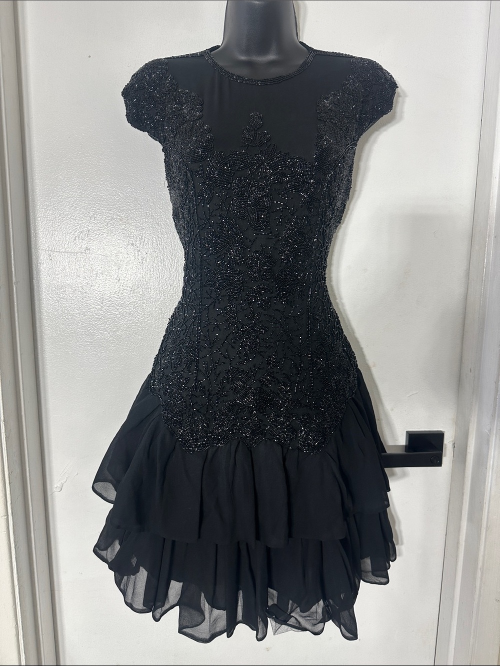 Vintage Beaded Black Tiered Mini Dress - Unbranded